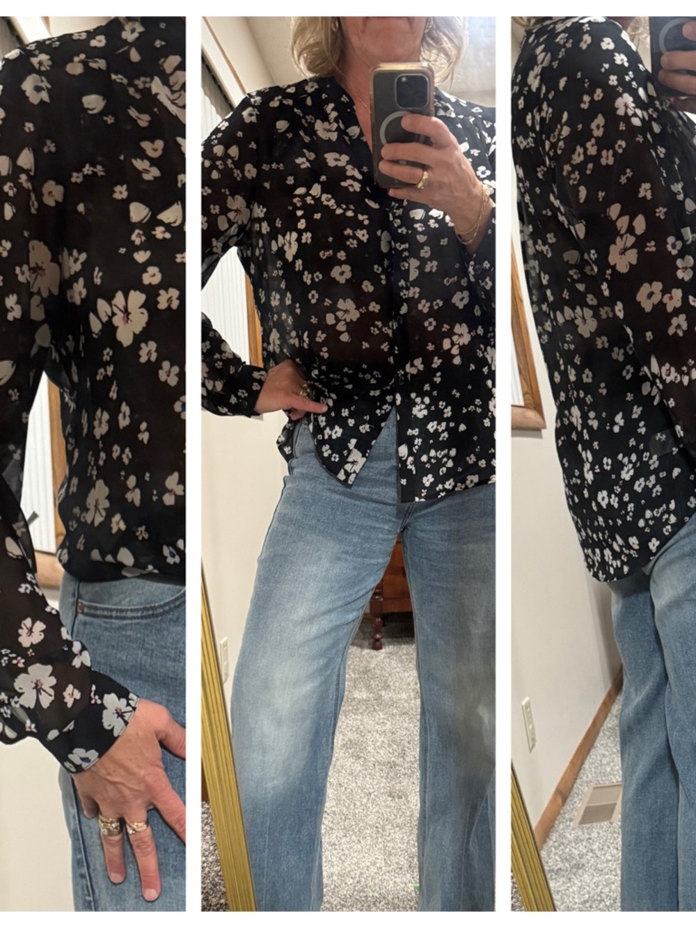 cabi Sheer Black Floral Button-Down Blouse